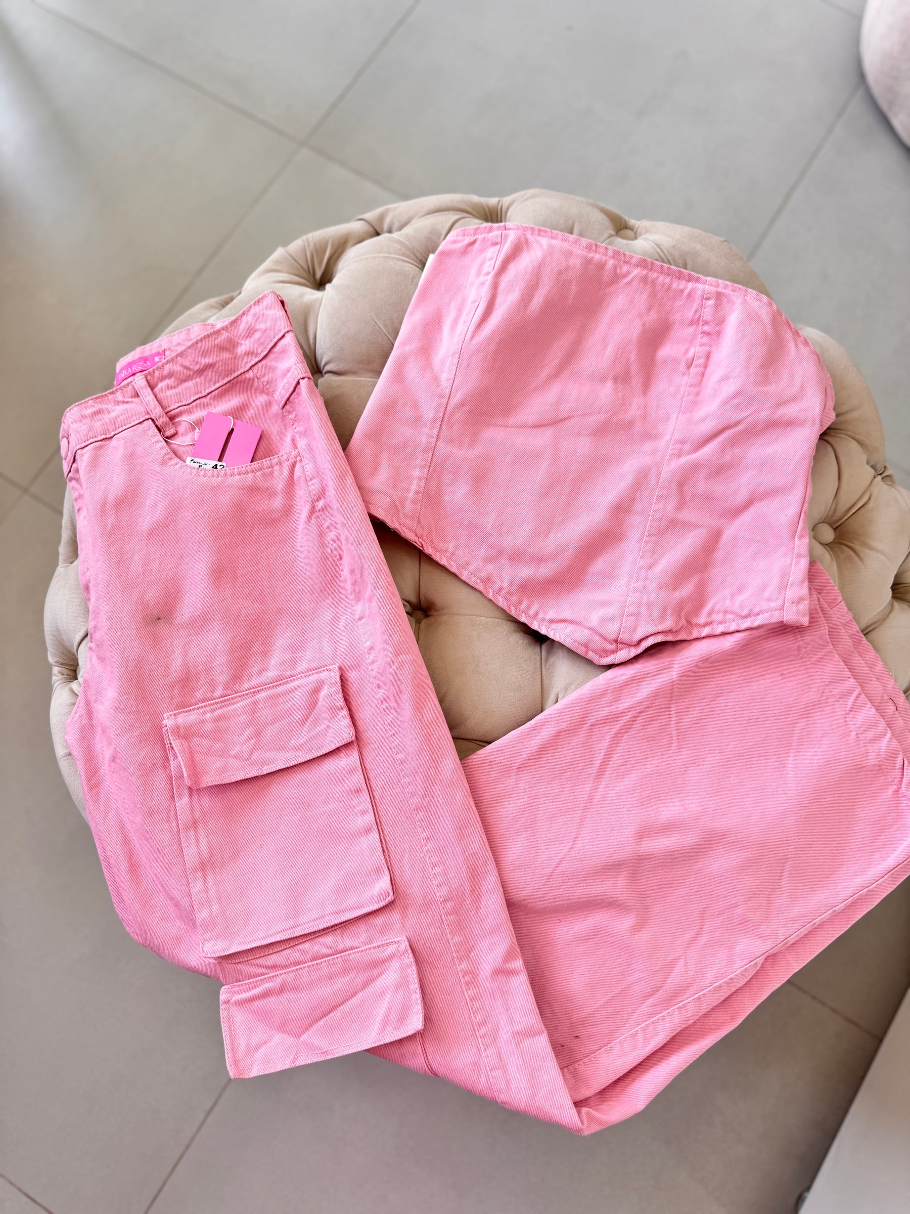 Conjunto jeans rosa Faixa rosa