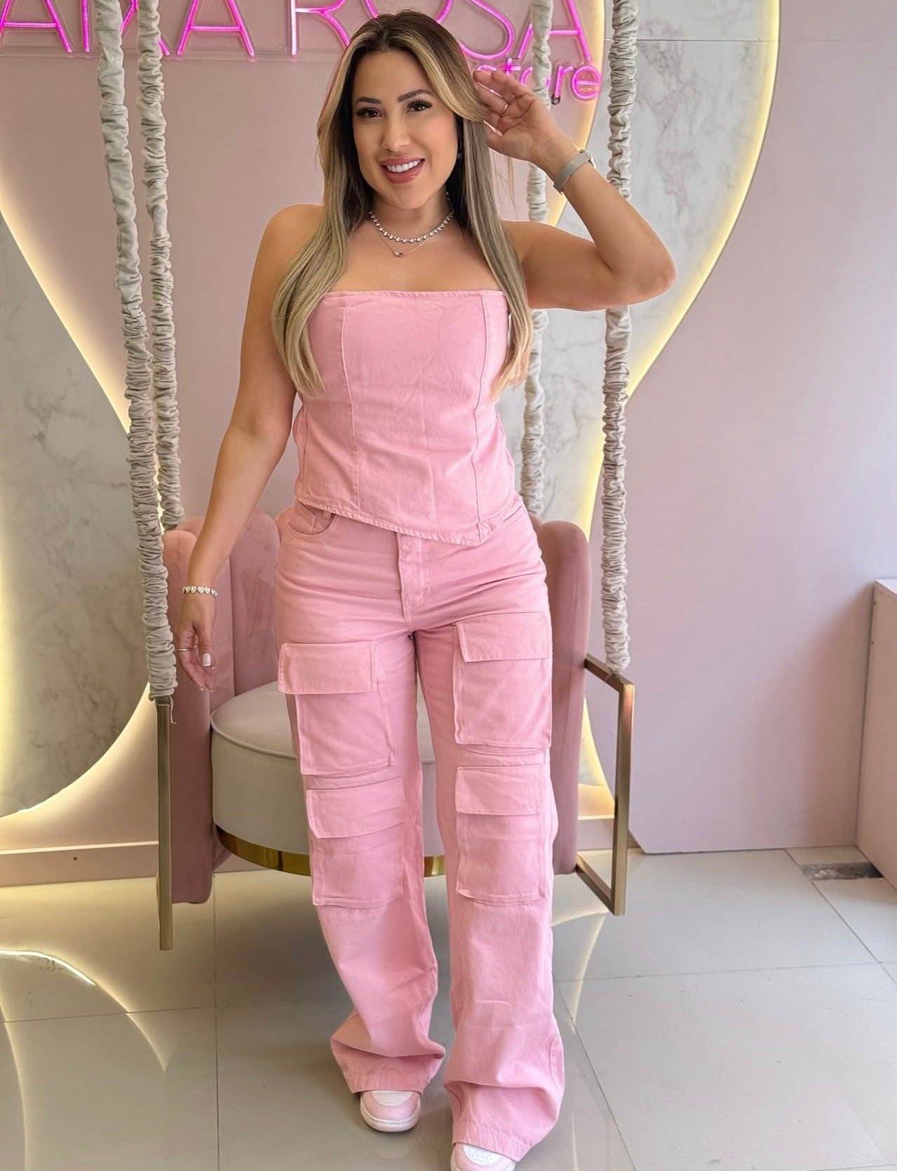 Conjunto jeans rosa Faixa rosa