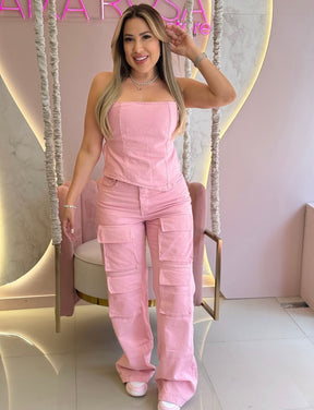 Conjunto jeans rosa Faixa rosa
