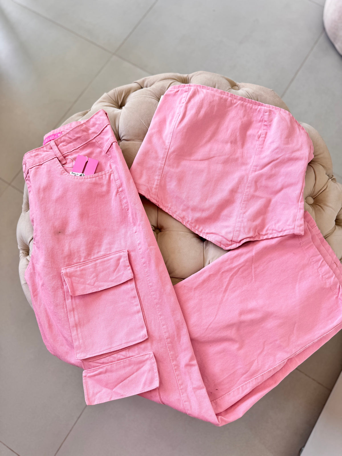 Conjunto jeans rosa Faixa rosa